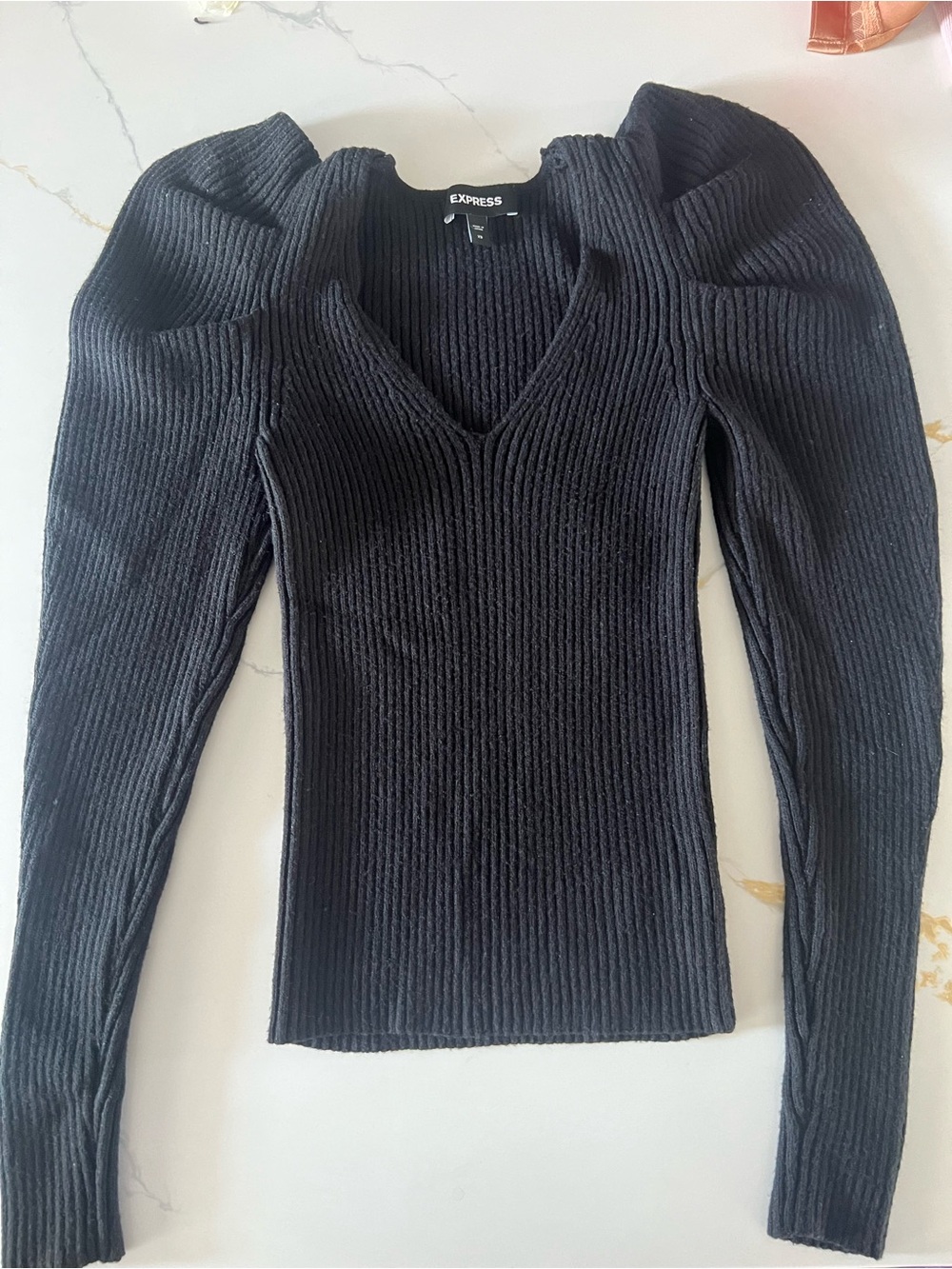 Express Women's Black Ribbed V-Neck Sweater with Puff Shoulders